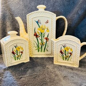 1978 Enesco Butterfly Garden Trellis Coffee Pot, Sugar, and Creamer